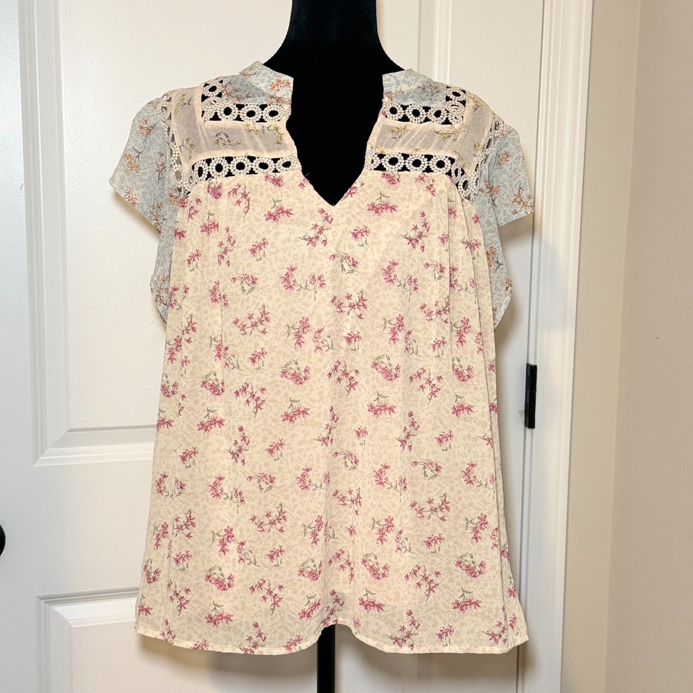 Entro Floral Patchwork Crochet Blouse Pink Blue Size Large Boho Fairy Cottage